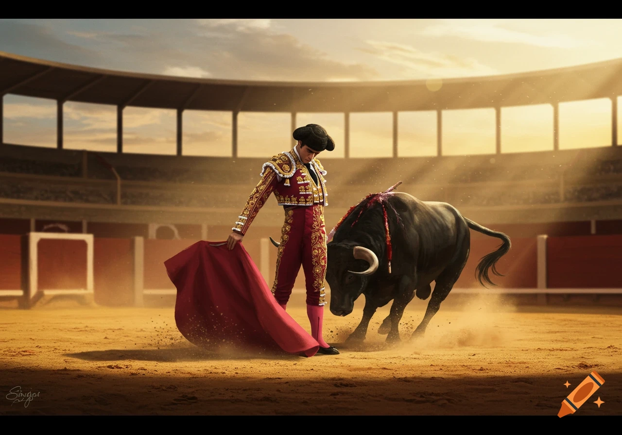 A matador in a red and gold traje de luces stands in a dusty bullring, holding a red cape, near a bleeding black bull.