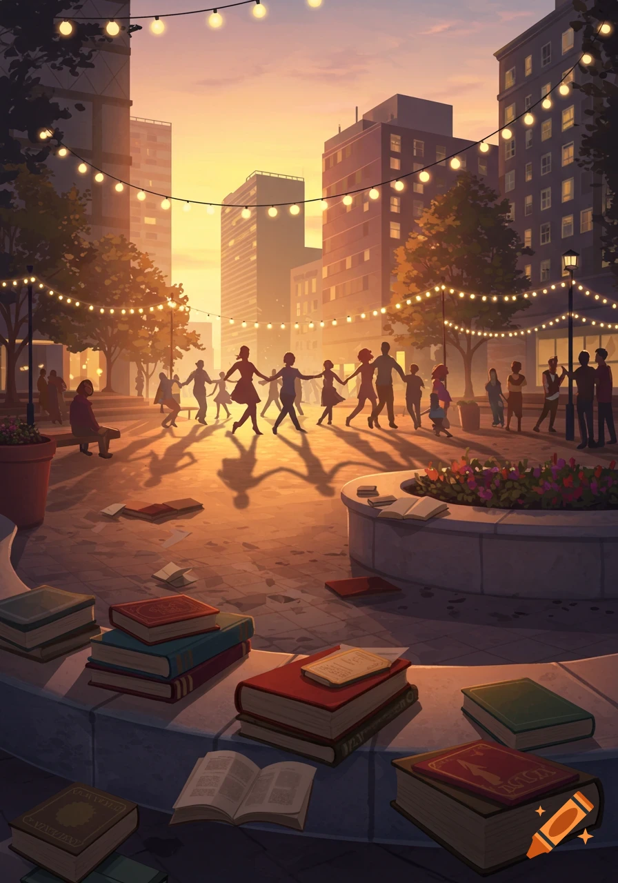 Stylized illustration of people dancing in a city square at sunset with string lights, surrounded by scattered books.