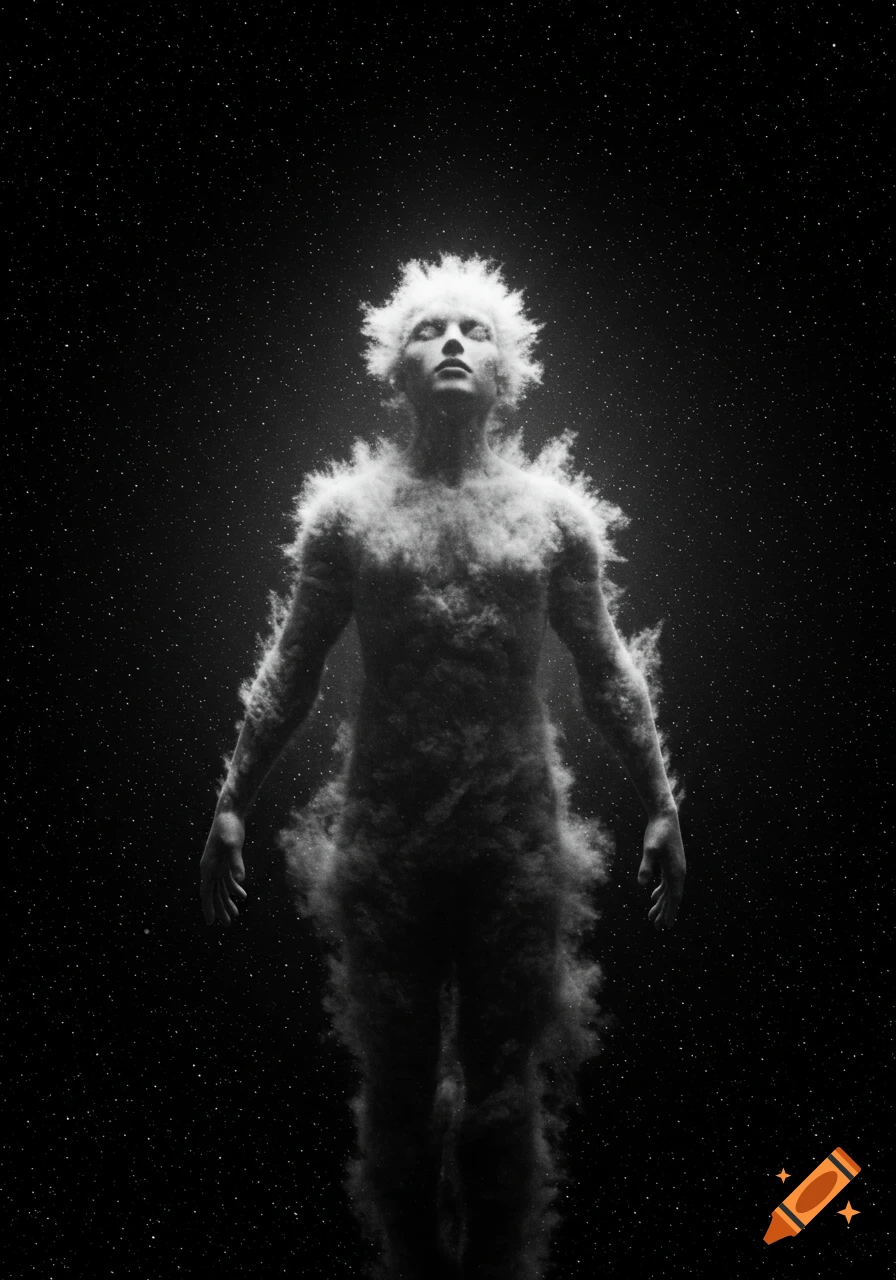 A full-body, monochrome image of an ethereal, human-like figure made of swirling light or smoke, against a dark starry background.