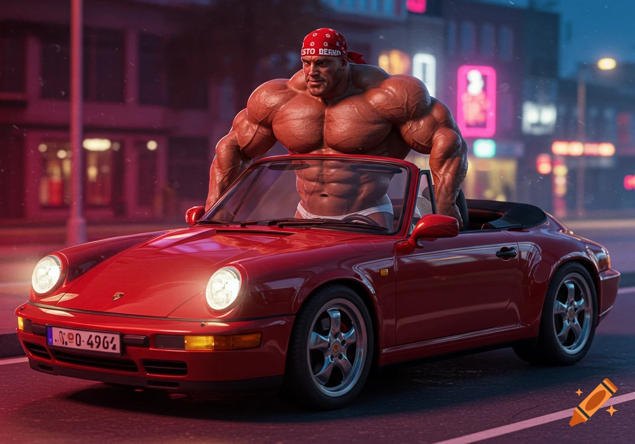An ultra-muscular bodybuilder, Bernd, wearing only white briefs and a red bandana with "TESTO BERND" on it, driving a red Porsche 911 convertible at night.