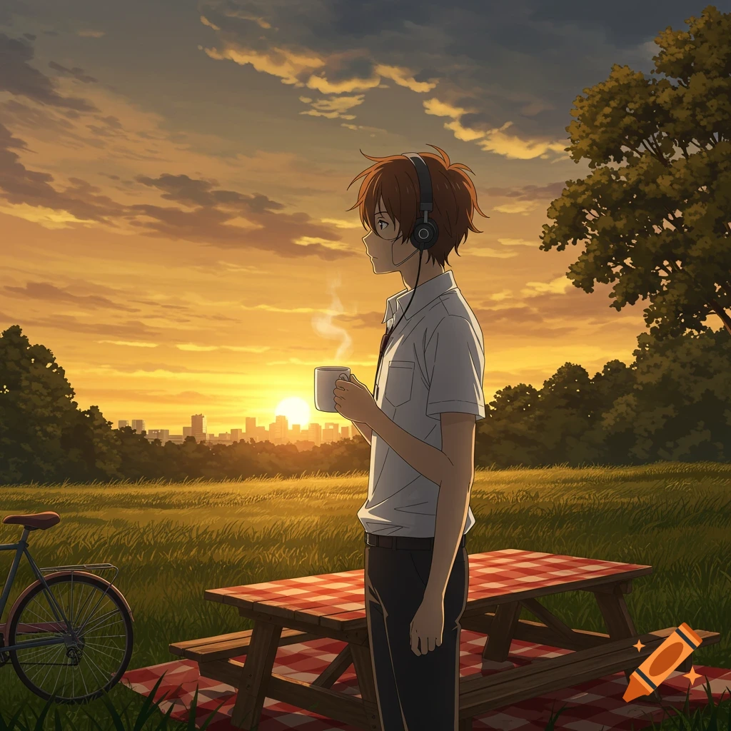 An anime boy with headphones and a mug stands in a field at sunset, looking at a cityscape. A picnic table and bicycle are nearby.