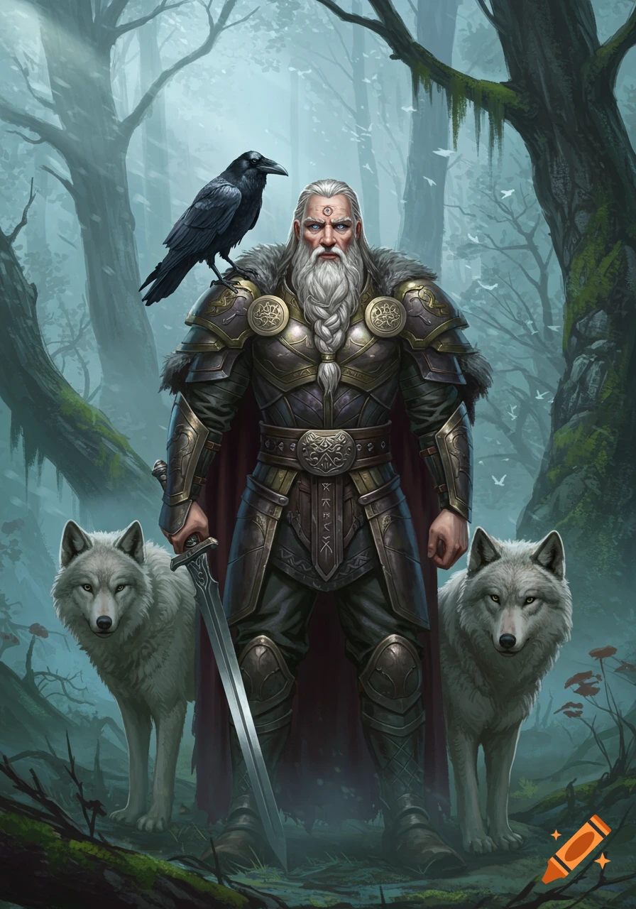 A majestic bearded man in ornate armor stands in a misty forest with a raven on his shoulder and a white wolf on each side, holding a sword.