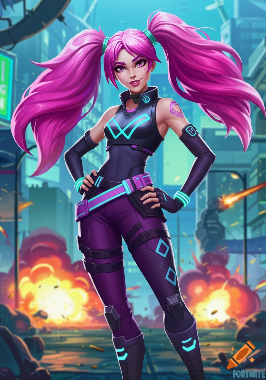 Stylized woman with pink pigtails in a black and purple cyberpunk outfit, glowing blue accents, standing in an explosive city background in Fortnite art style.