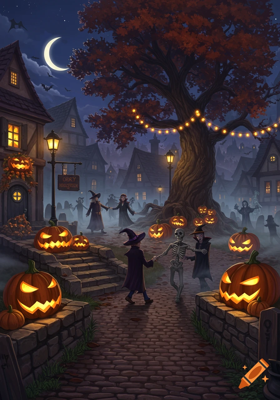 A whimsical Halloween village scene at night with children in costumes, glowing jack-o'-lanterns, and string lights.
