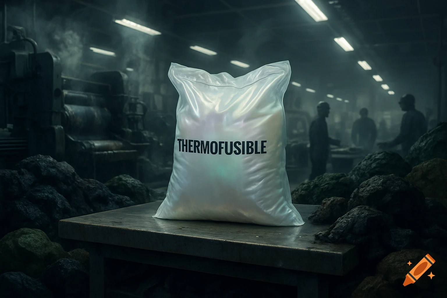 A white bag labeled 'THERMOFUSIBLE' sits on a table in a dark, smoky industrial factory with machinery and blurry workers.