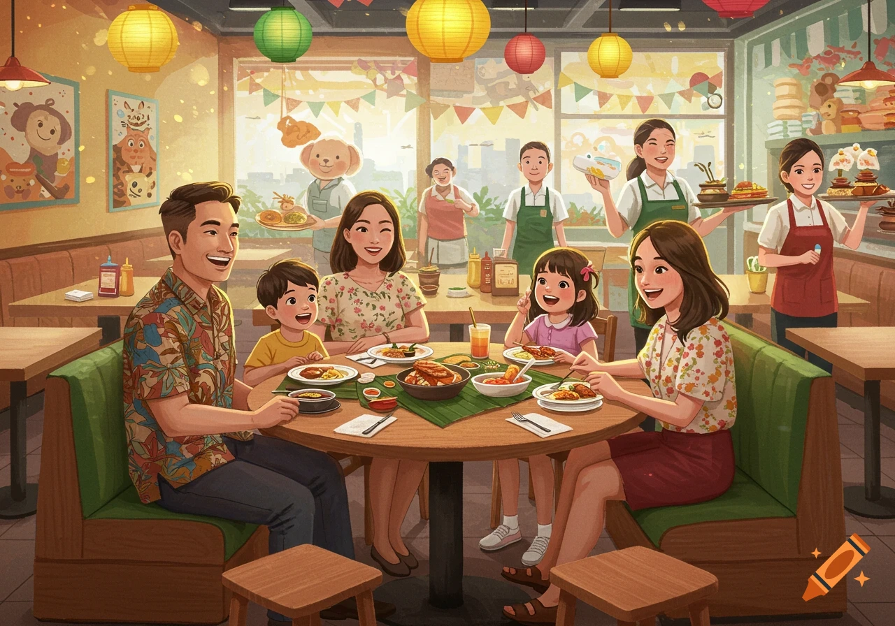 A child-friendly illustration of a smiling Filipino family dining at a lively restaurant with servers bringing food.