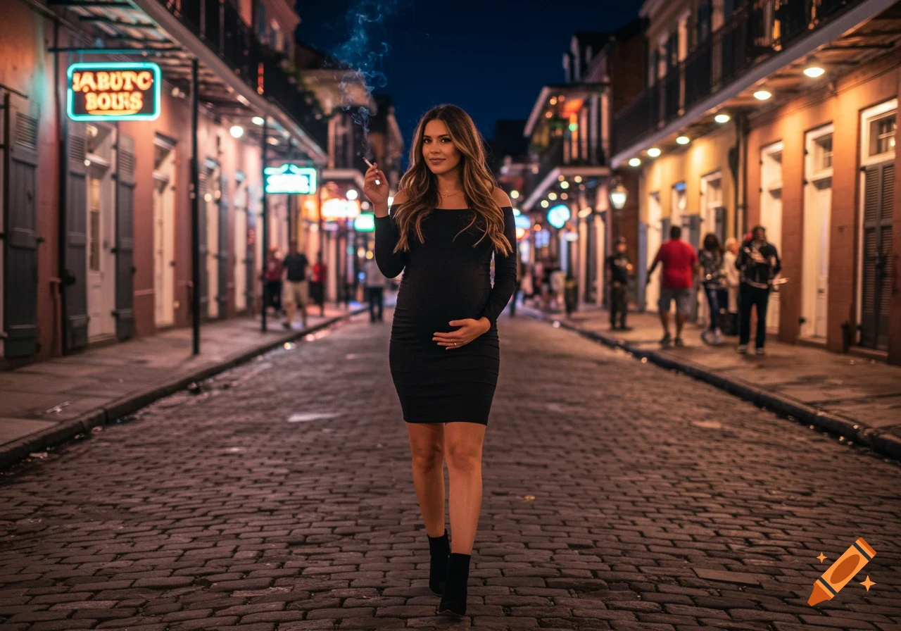 A pregnant woman in a black dress holds a cigarette while walking down a cobblestone street in the French Quarter at night, illuminated by neon lights.