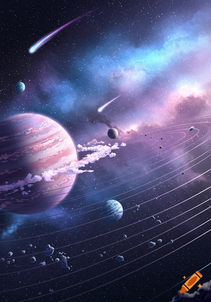 Vibrant animated space scene with a large pink striped planet, rings, asteroids, smaller planets, and shooting stars against a colorful nebula.