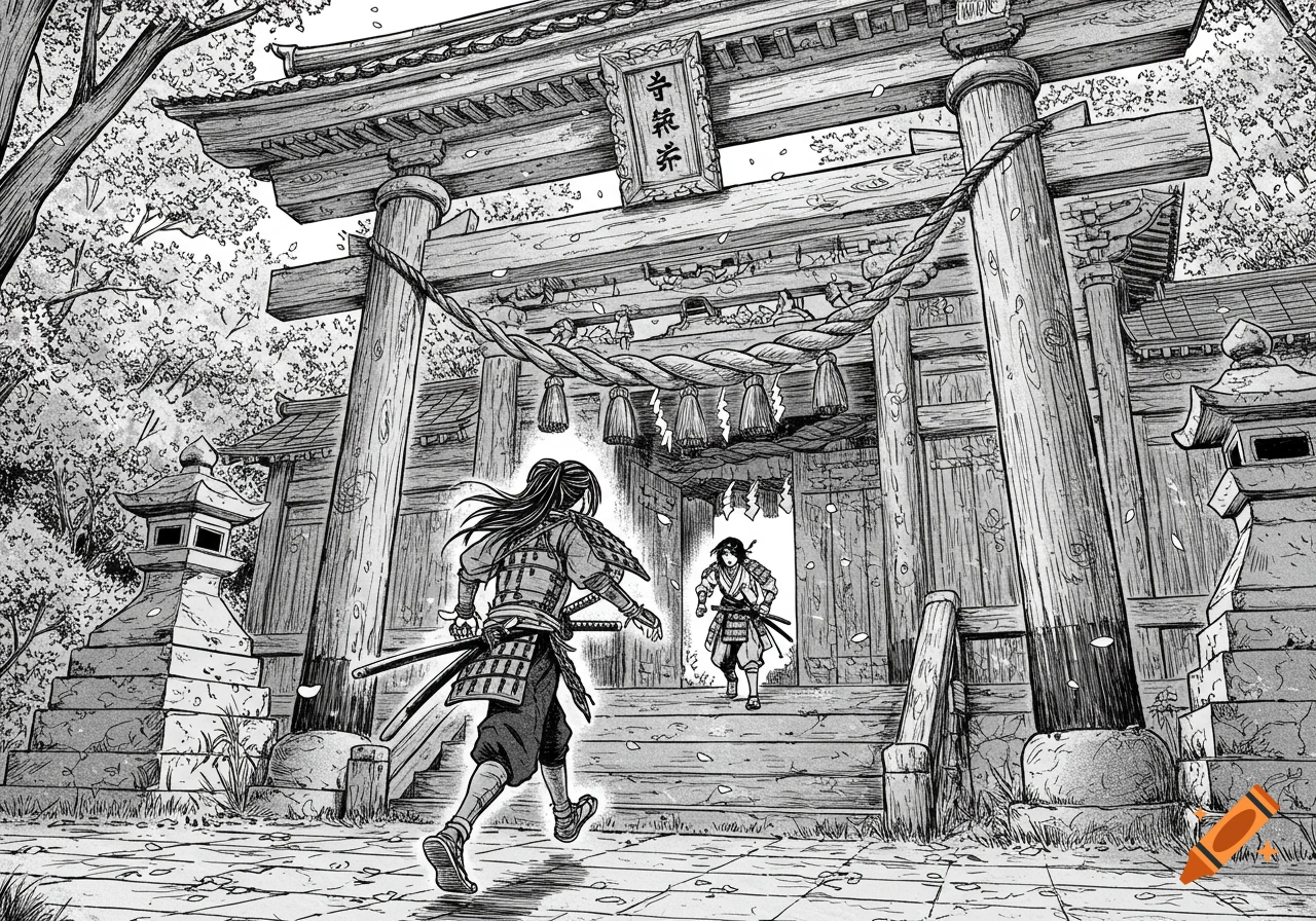 A black and white manga style illustration shows a samurai in armor running towards a Japanese temple gate, with another samurai exiting the gate.