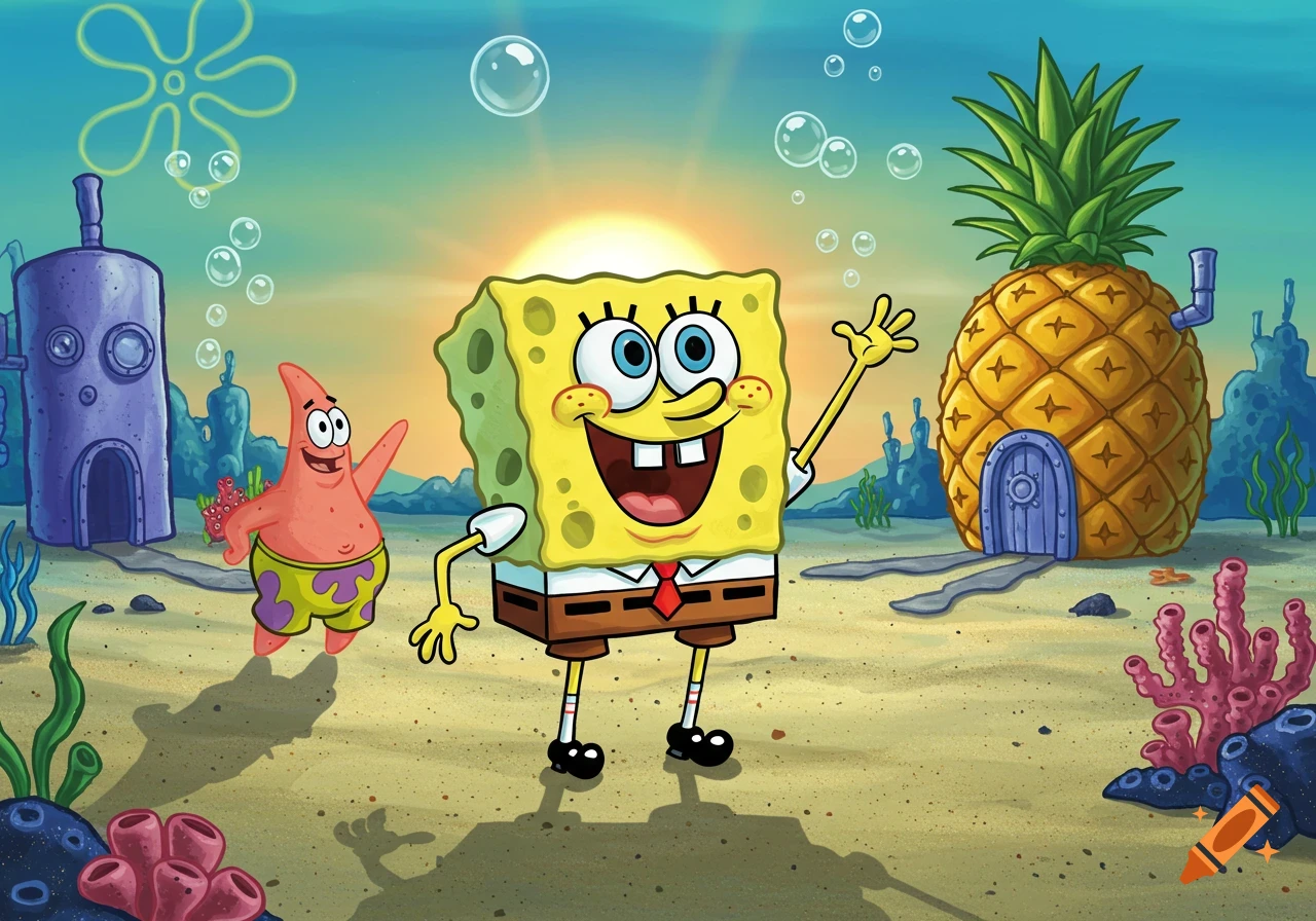 SpongeBob SquarePants waves next to Patrick Star in front of their homes on the ocean floor, under a sunny sky.