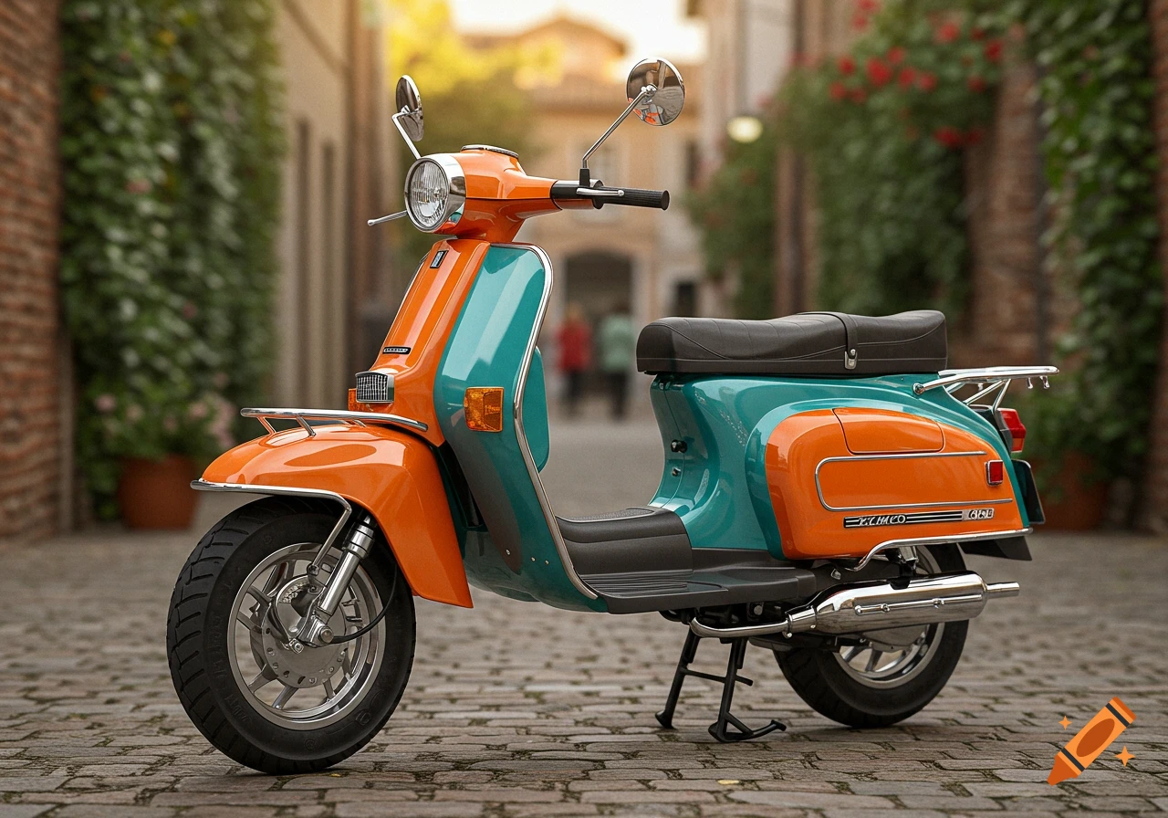 A vintage-style orange and teal Kymco scooter parked on a cobblestone street with blurred buildings and greenery.