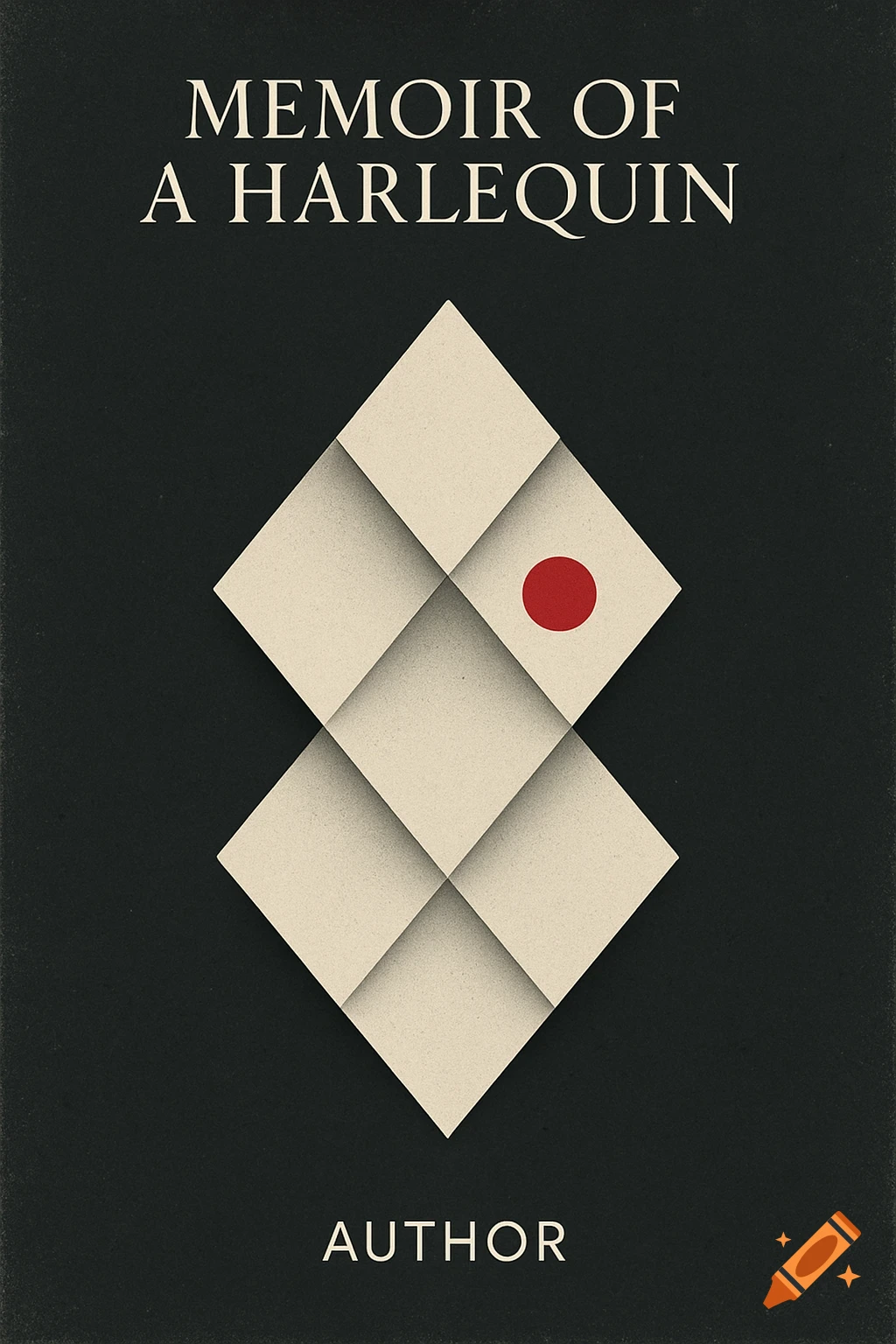 Minimalist black book cover with a cream-colored geometric harlequin pattern, a red dot, and the title "MEMOIR OF A HARLEQUIN".
