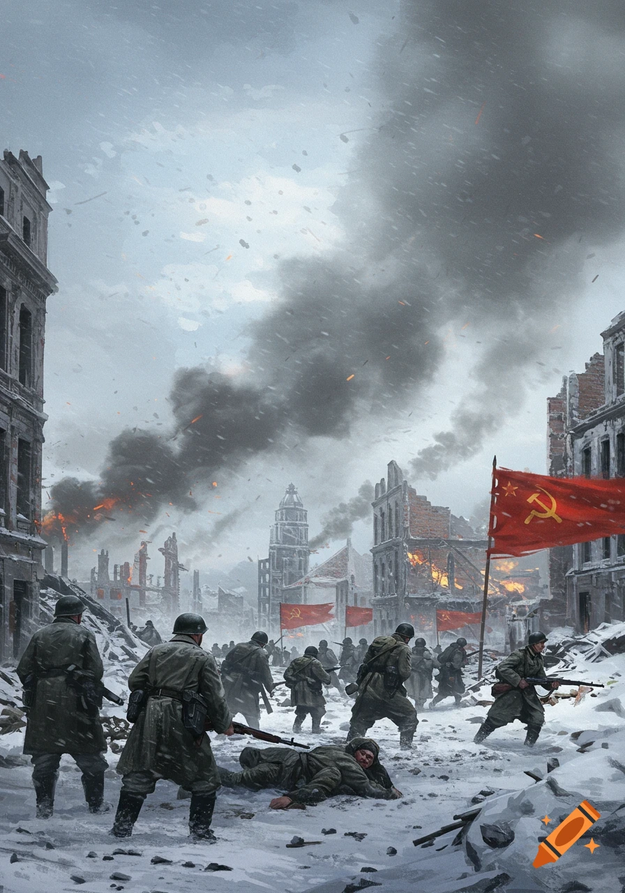 Soldiers advance through a snowy, war-torn city under a cloudy sky, with Soviet flags flying amidst burning buildings.