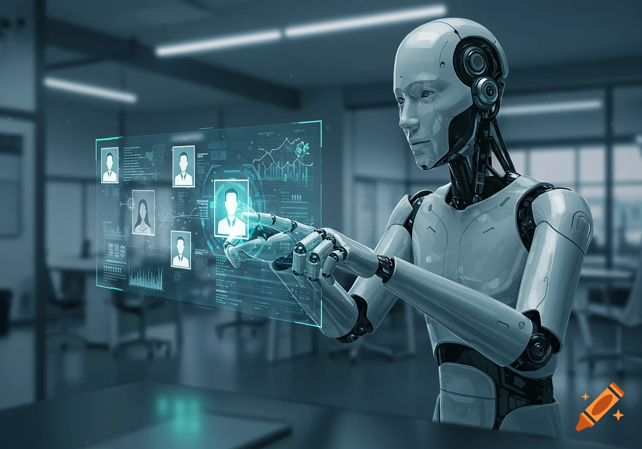 A humanoid robot interacts with a glowing blue holographic display showing user profiles and data charts in a futuristic office.