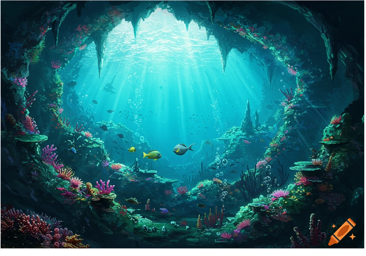 A vibrant underwater cave with sun rays streaming through the surface, illuminating colorful coral reefs and swimming fish.