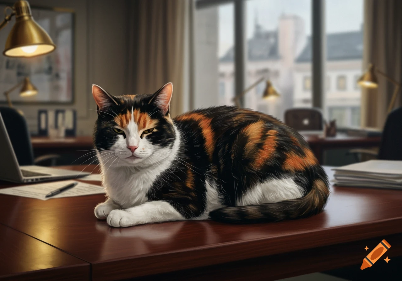 A calico cat with white, black, and orange fur rests on a dark wooden office desk.