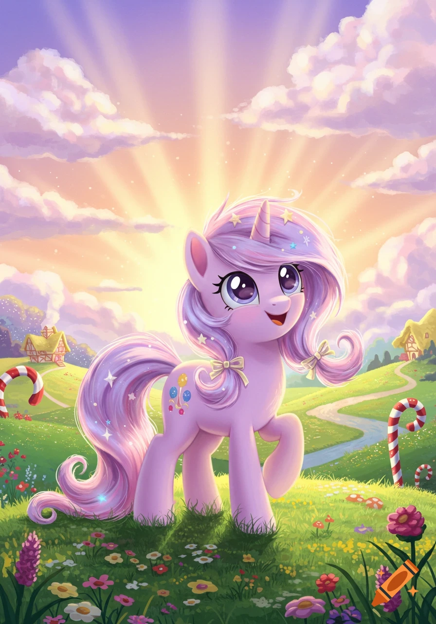 A whimsical pastel purple unicorn with a starry mane stands in a vibrant meadow under a sunburst sky, surrounded by flowers, candy canes, and distant houses.