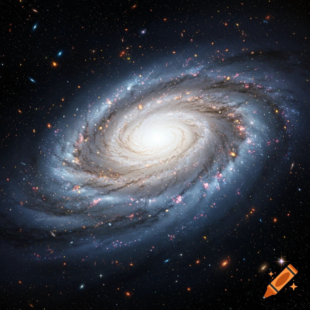 A vibrant spiral galaxy with a bright white core and swirling arms of blue and orange stars, set against a dark, star-filled cosmic background.