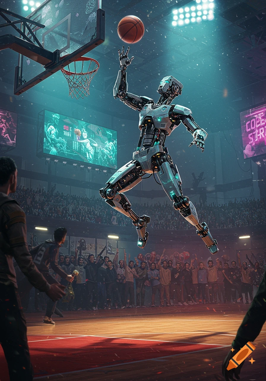 A futuristic robot jumps to dunk a basketball in a brightly lit arena filled with cheering spectators.