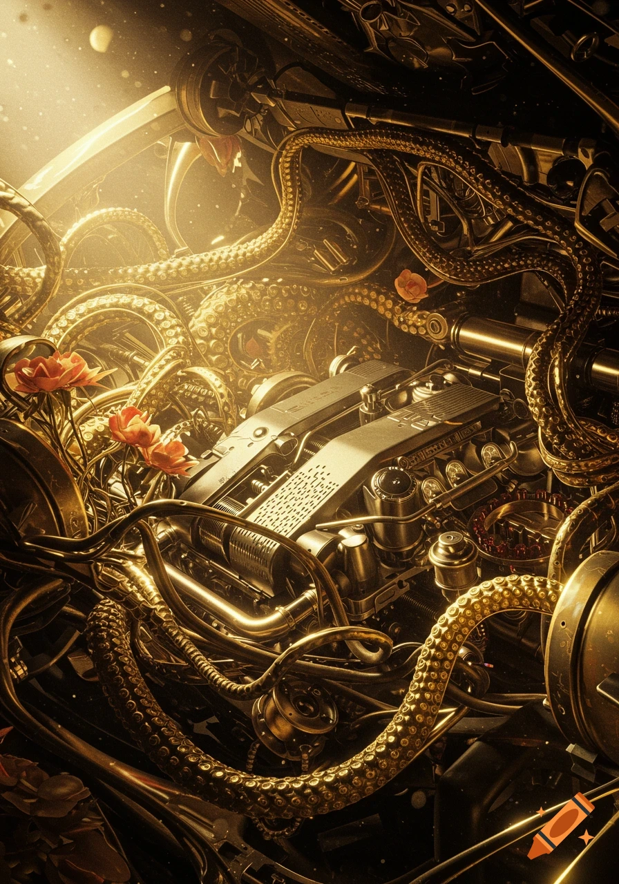 A hyperrealistic, golden, biomechanical engine intertwined with intricate tentacles and vibrant pink flowers under cinematic light.