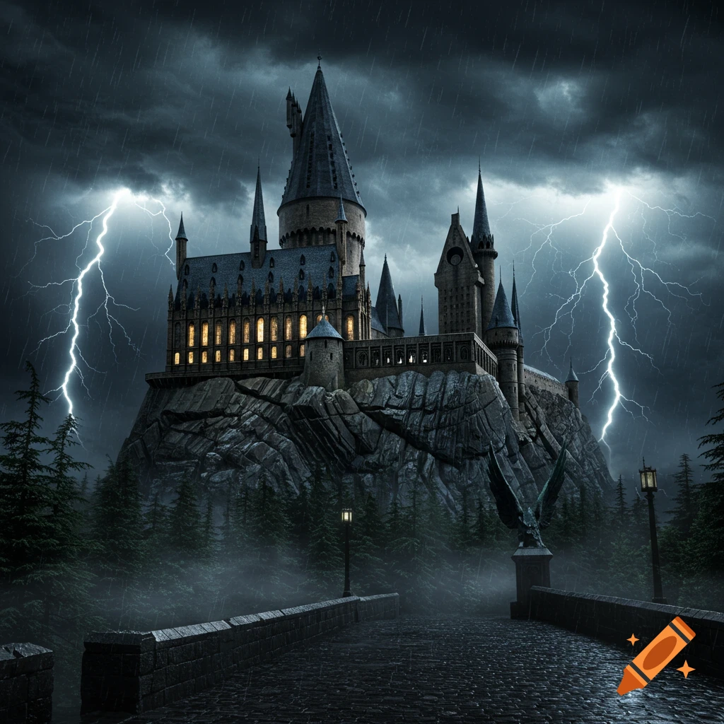 Hogwarts castle on a rocky cliff under a dark, stormy sky with lightning, viewed from a wet stone bridge.