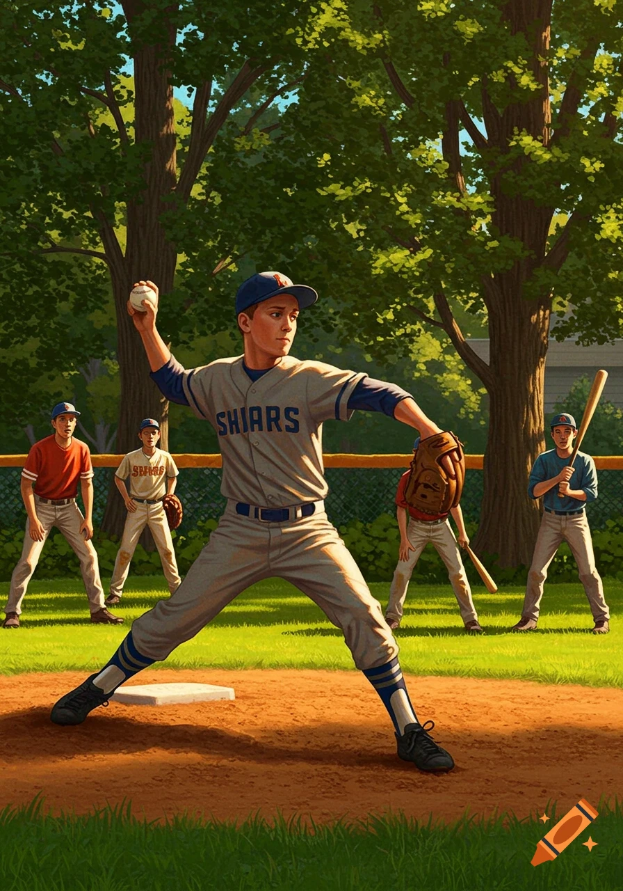 A young boy in a baseball uniform pitches from a dirt mound, with teammates on the field and trees in the background, in a vibrant illustration.