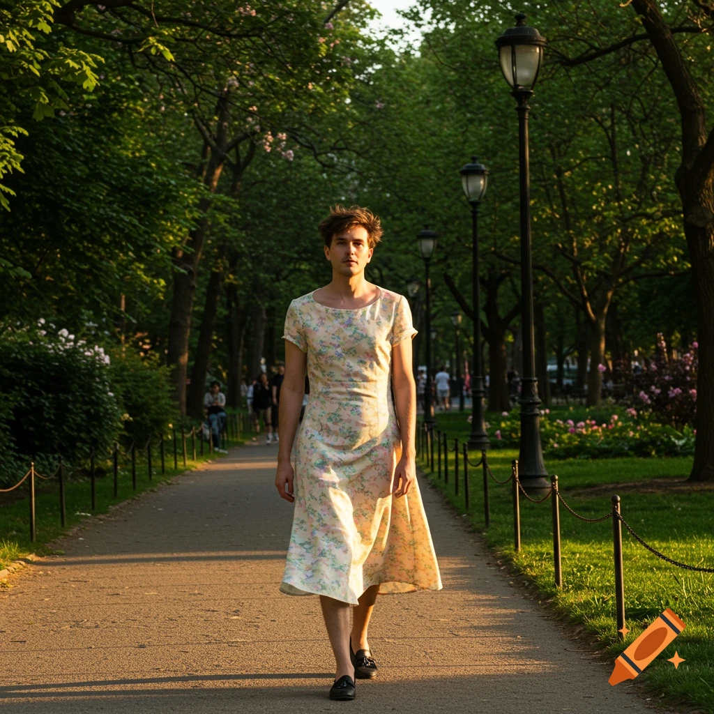 A man in a light floral dress walks on a paved path in a sunlit park with trees and lampposts.