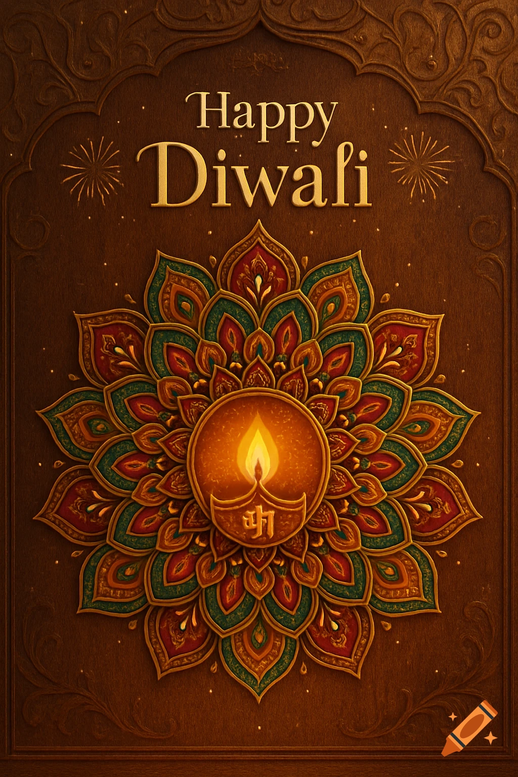 An ornate Happy Diwali greeting card on a dark brown background, featuring a vibrant mandala surrounding a lit oil lamp (diya).