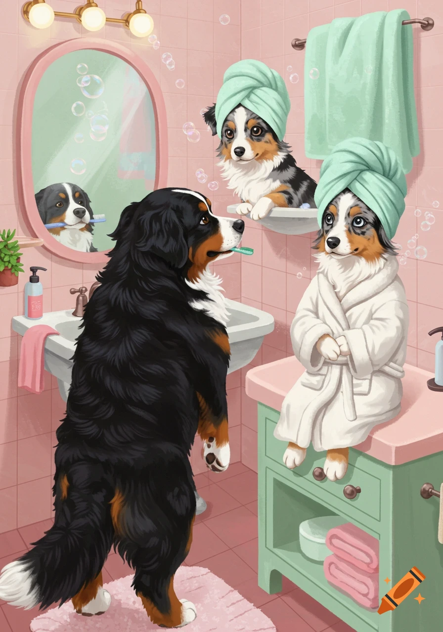Three cute dogs in a pink bathroom: a Bernese Mountain Dog brushes its teeth, while two Mini Aussies in bathrobes and head towels watch.