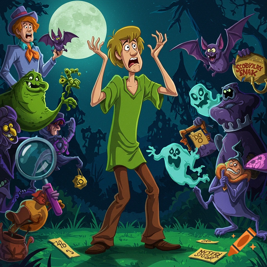 A cartoon image of Shaggy from Scooby-Doo looking terrified amidst various monsters, ghosts, and bats in a spooky, moonlit forest, with Velma in the background.