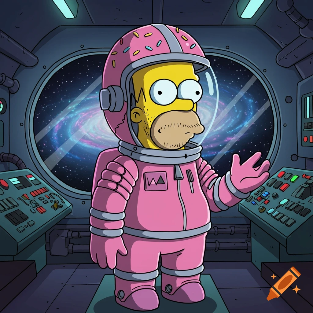 Homer Simpson in a pink astronaut suit with a donut helmet in a spaceship cockpit, a galaxy seen through the window.