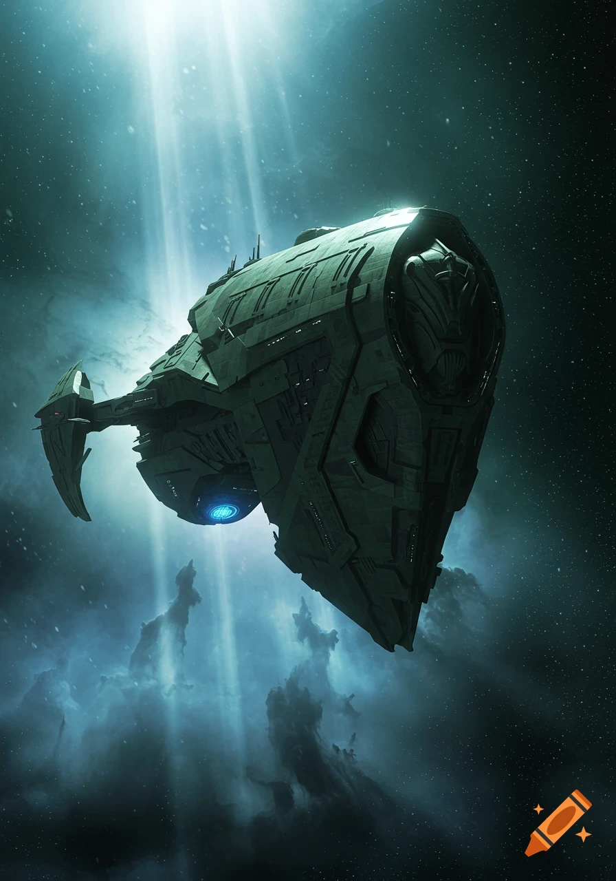 A dark green, angular spaceship with a glowing blue engine flies through a star-filled, nebulous space, illuminated by bright light beams.