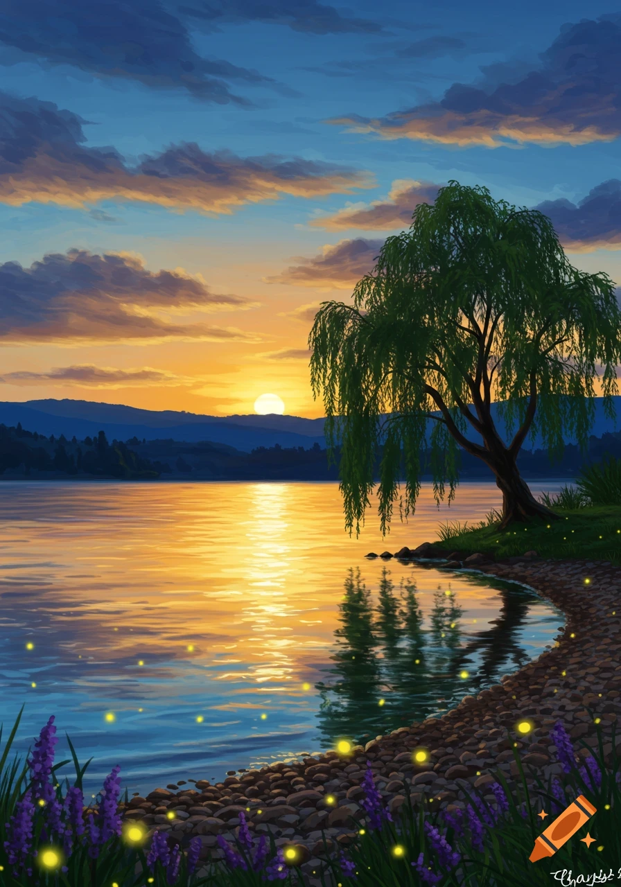 A serene digital painting of a sunset over a lake, with a weeping willow, glowing fireflies, and purple flowers on a rocky shore.