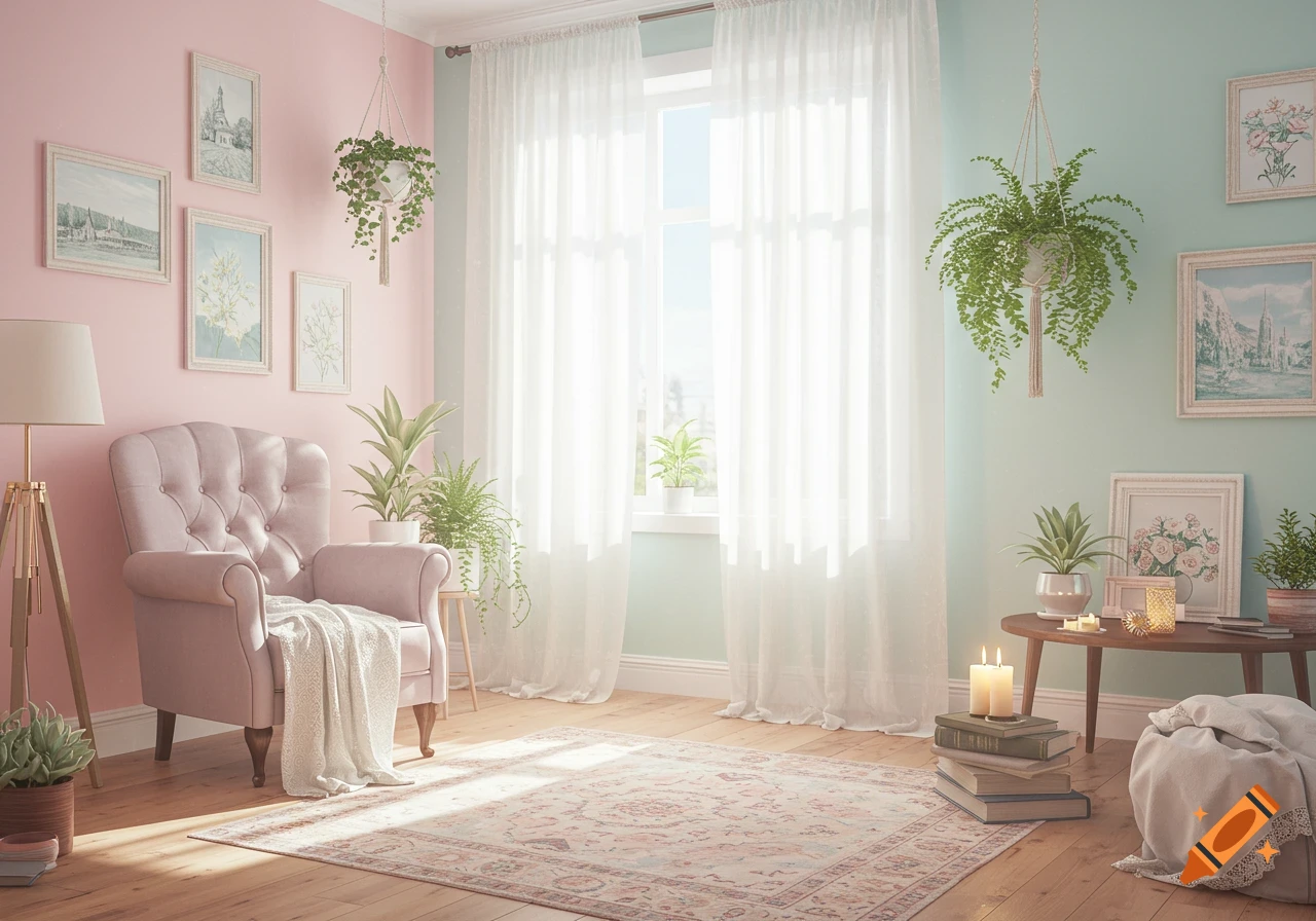 A bright, serene room with pastel pink and mint green walls, featuring a pink armchair, white sheer curtains, many potted plants, and wooden floors.