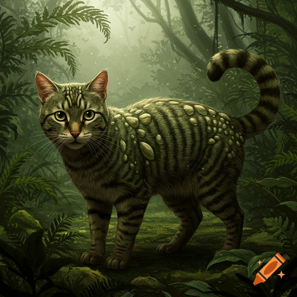 A green and brown striped cat with scale-like bumps on its back stands in a misty jungle.