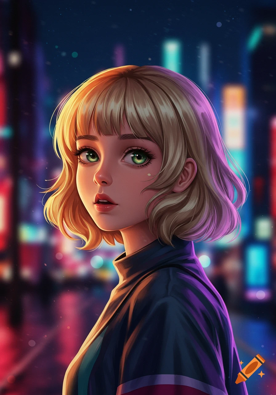 Stylized anime portrait of a blonde woman with green eyes looking over her shoulder against a blurry cityscape at night.