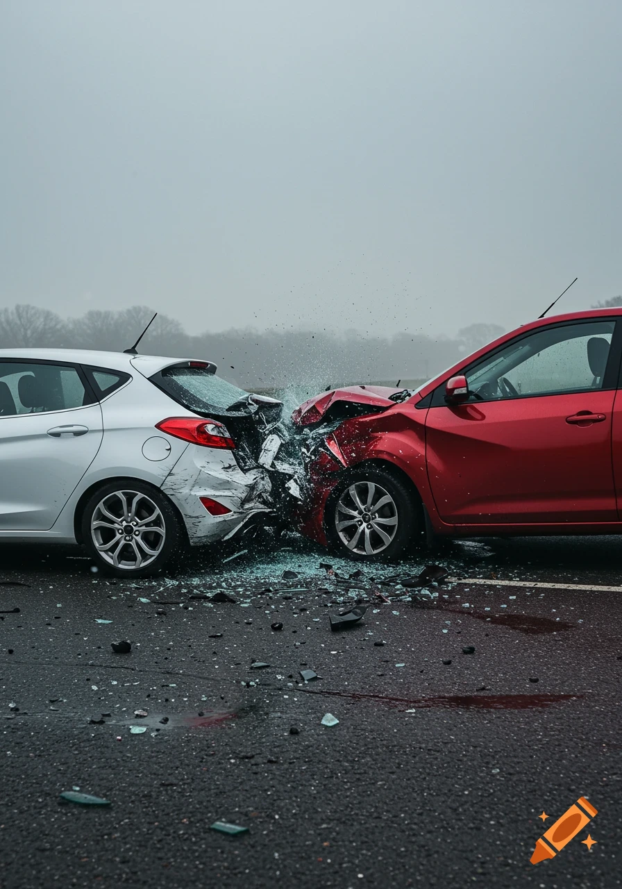 A white hatchback and a red sedan are severely damaged in a head-on collision on a wet asphalt road, surrounded by shattered glass and debris.