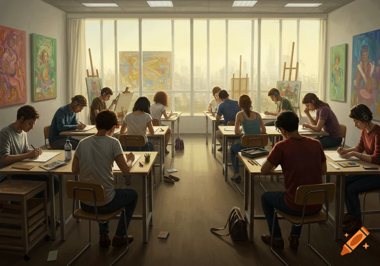 Students drawing and painting in a brightly lit art classroom, with various artworks on the walls.