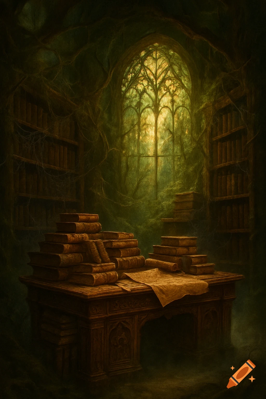 A dark, overgrown gothic library interior with a wooden desk piled with old books, lit by golden light through an ornate arched window.