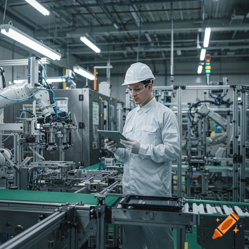 Man in hard hat and safety glasses checks a tablet in a modern manufacturing plant with robotic arms.