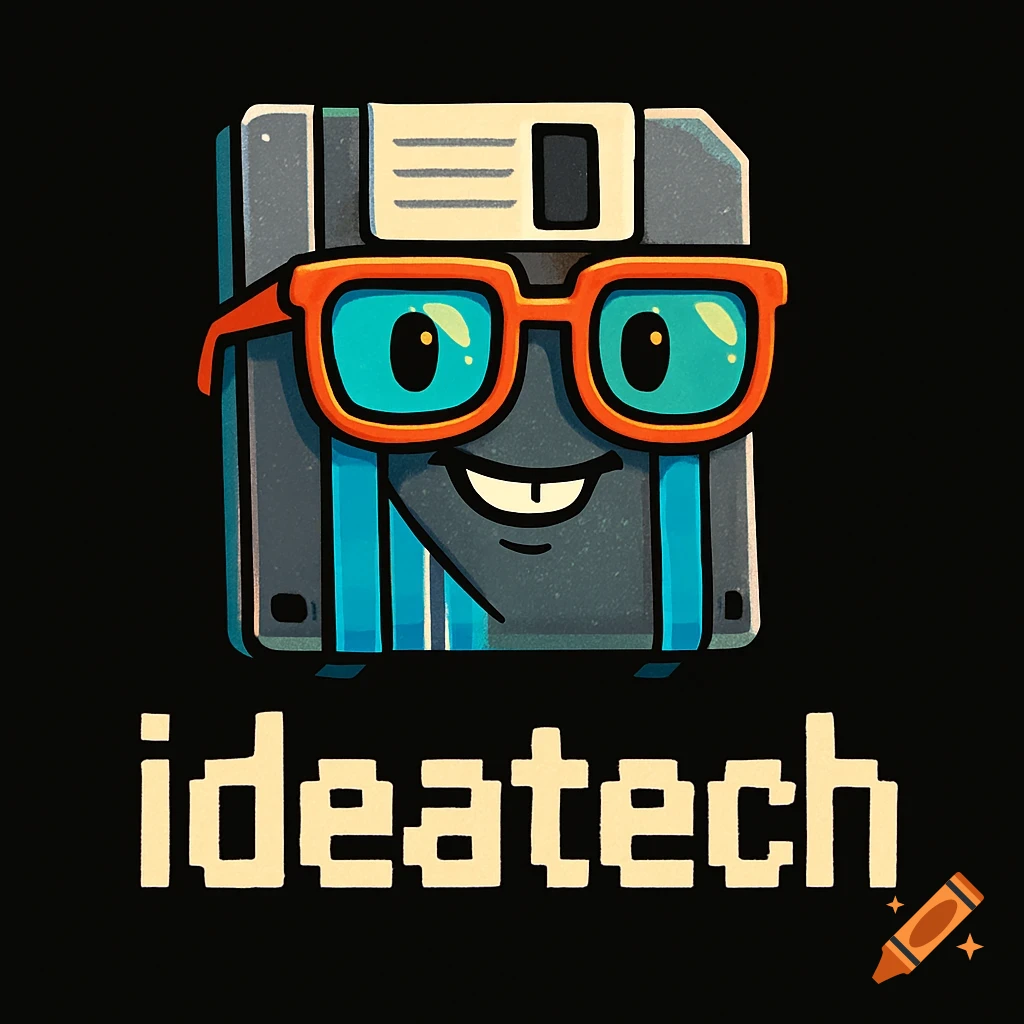 A cartoon floppy disk character with orange glasses and a smile, above the pixelated word 'ideatech' on a black background.