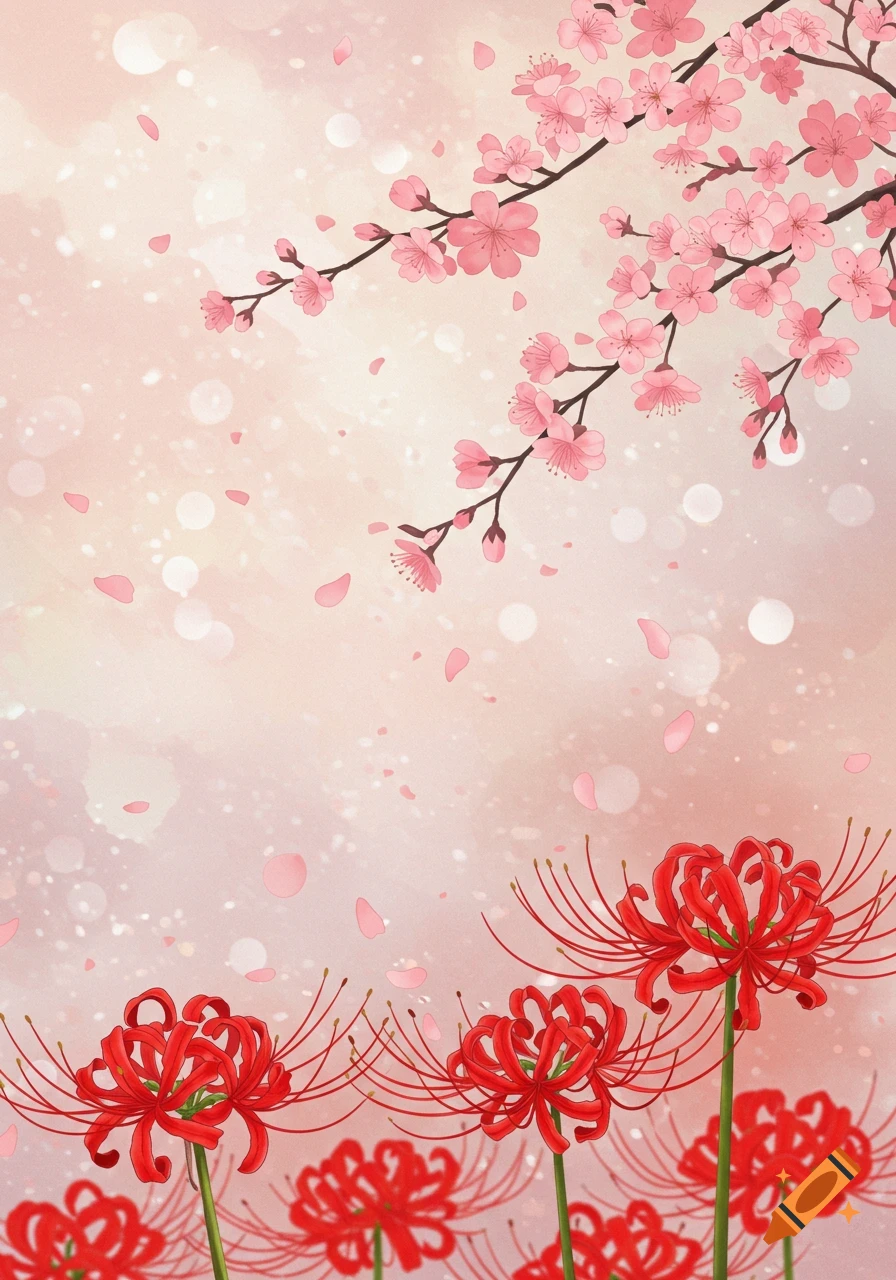 Illustrated red spider lilies and pink cherry blossoms on a light pink background with bokeh and falling petals.
