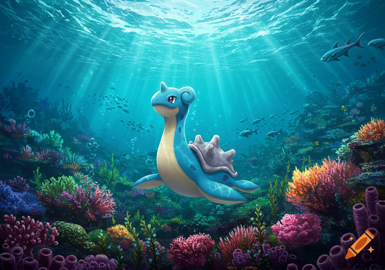 A blue and cream Lapras Pokémon swims in a vibrant coral reef with sunlight filtering through the ocean surface.