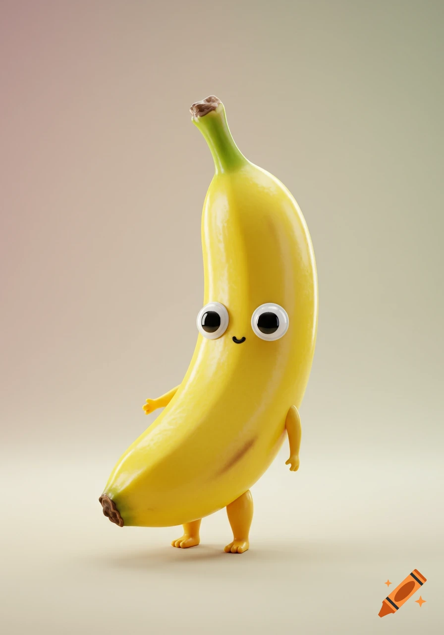 A stylized, bright yellow banana with googly eyes, a small smile, and tiny arms and legs stands upright on a soft, gradient background.