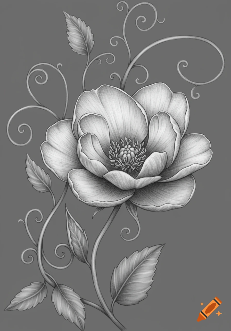 Detailed grayscale pencil sketch of a blooming flower with swirling vines and leaves on a plain background.