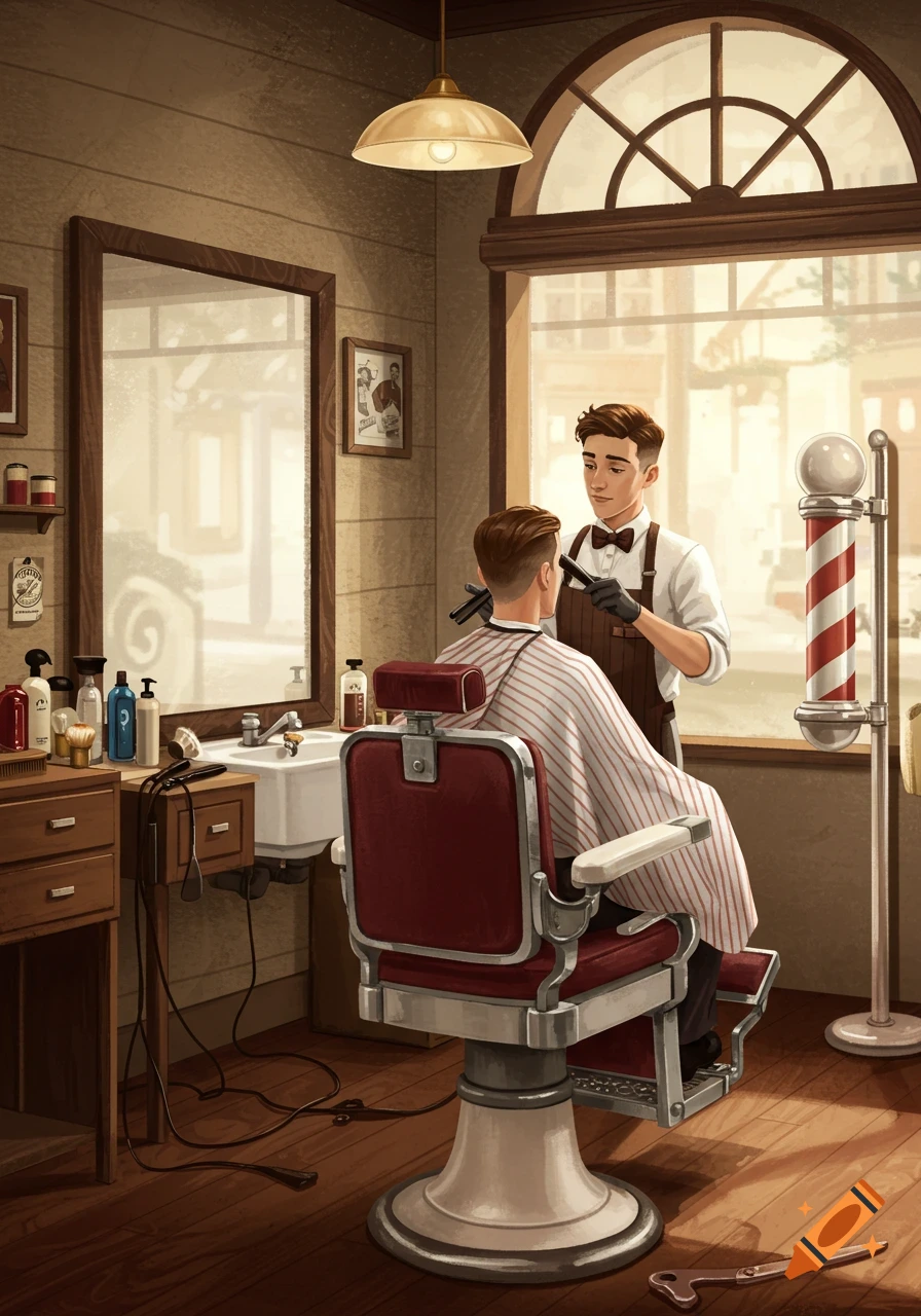 A vintage-style illustration of a barber giving a client a haircut in a classic barbershop with a barber pole outside.