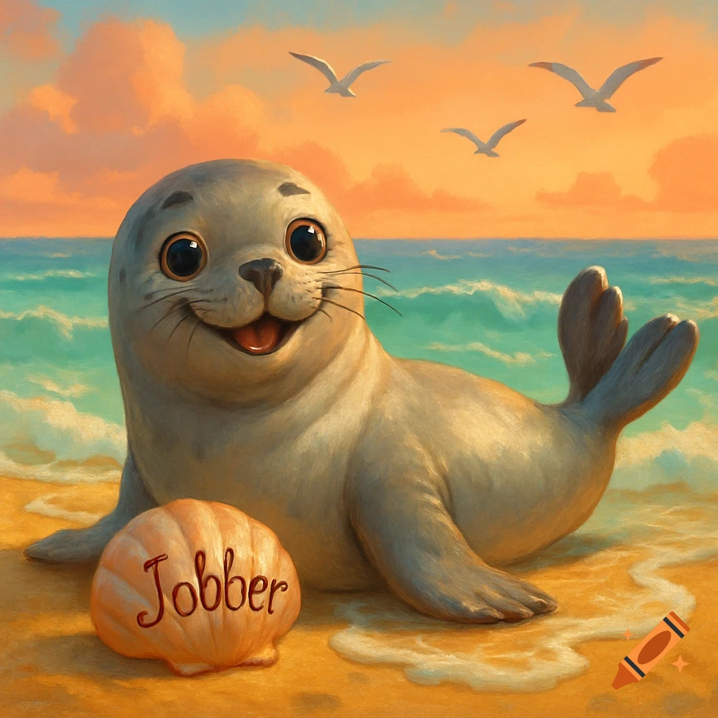 A cute, smiling cartoon seal sits on a sandy beach next to a seashell with the name Jobber written on it, under a sunset sky.