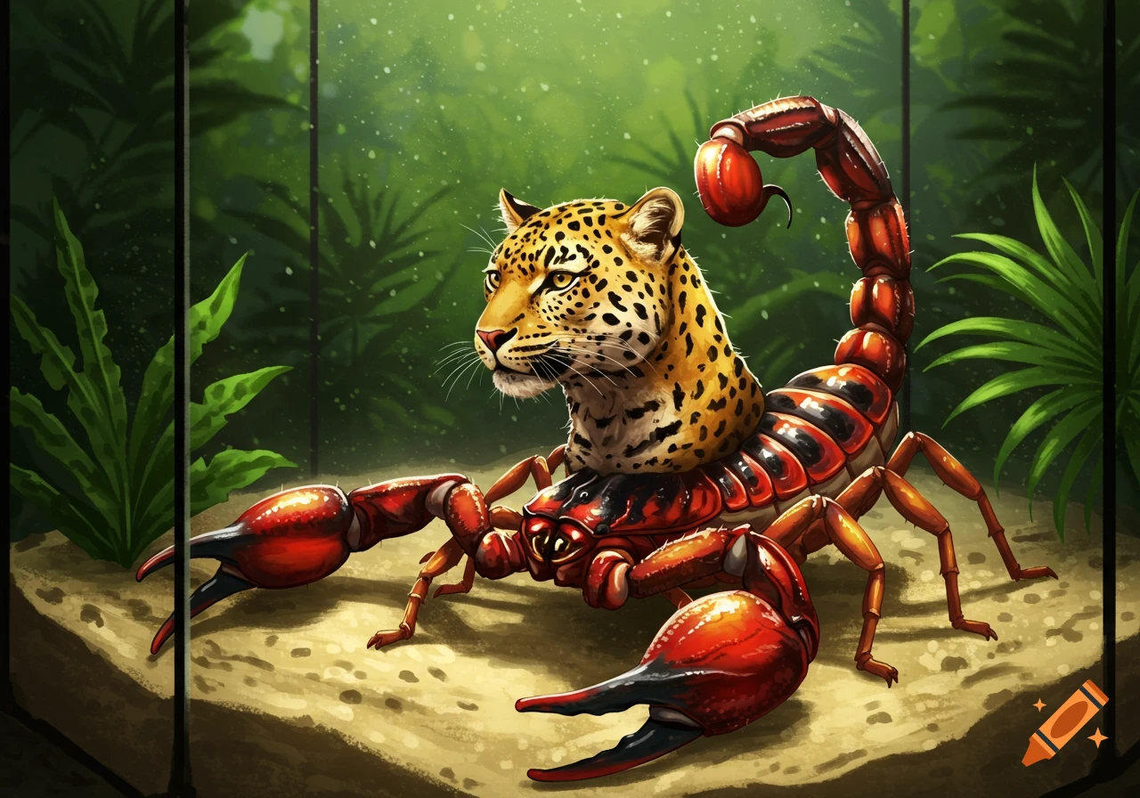 A vibrant illustration of a leopard-headed scorpion with a red and black body in a terrarium with green plants.