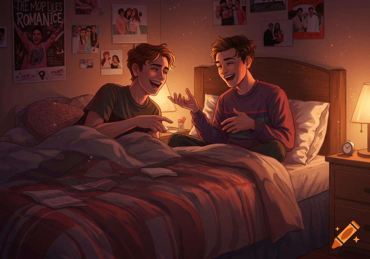 Two young men in an anime style are laughing and talking on a bed in a warm-lit bedroom with posters on the wall.