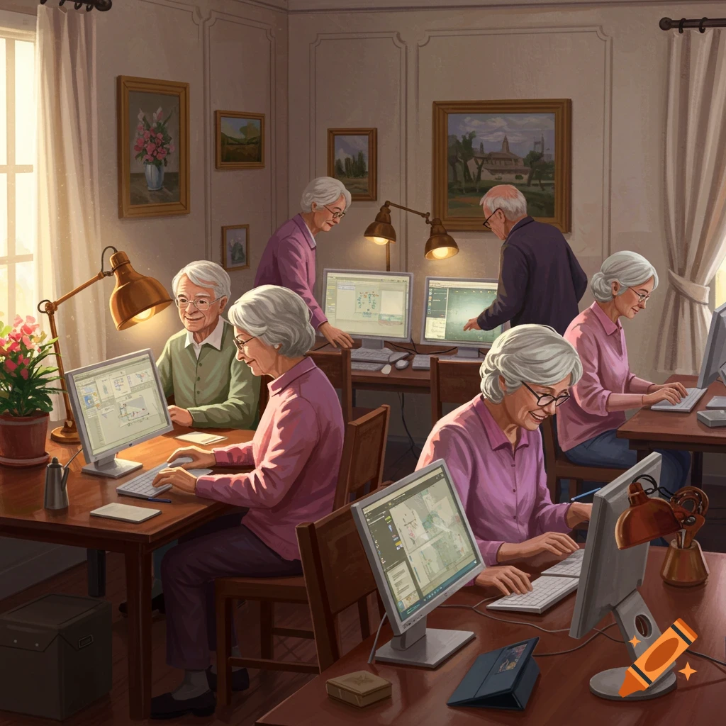 Several seniors in a bright room, some working on computers at desks, others standing and observing screens.